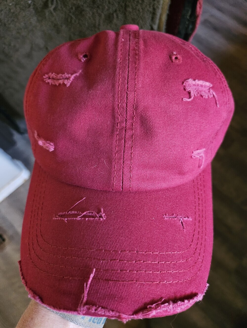 NWT Maroon Red Denim Distressed Baseball Cap